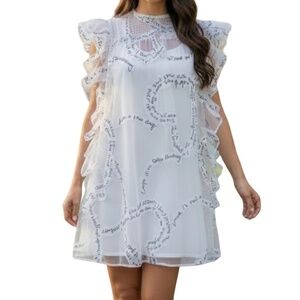 #A332  Nancy Whimsical Artsy White Sheer Ruffle Layered Organza Dress NWT L